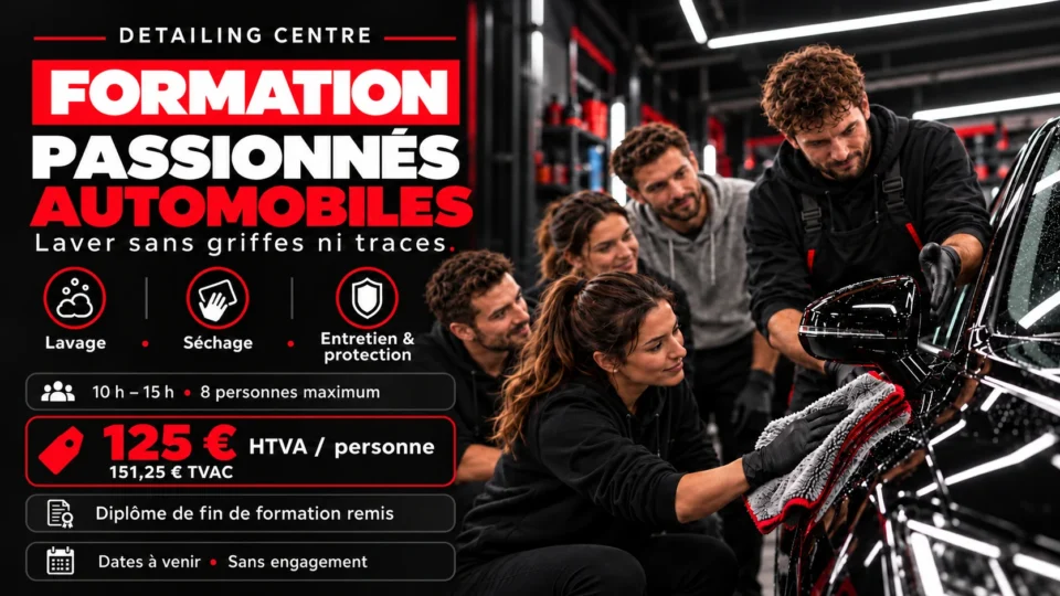 Illustration d’un atelier d’entretien automobile pour passionnés avec séchage à la microfibre