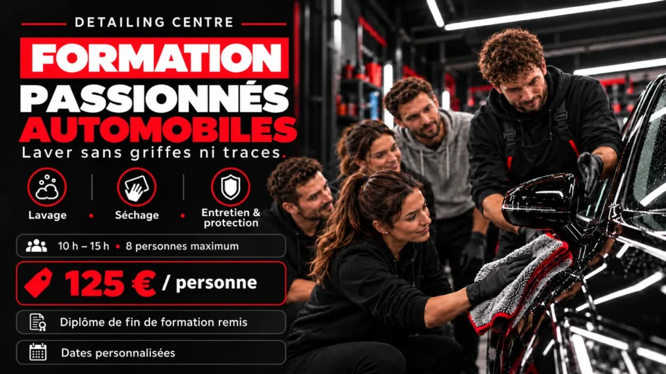 Illustration d’un atelier d’entretien automobile pour passionnés avec séchage à la microfibre
