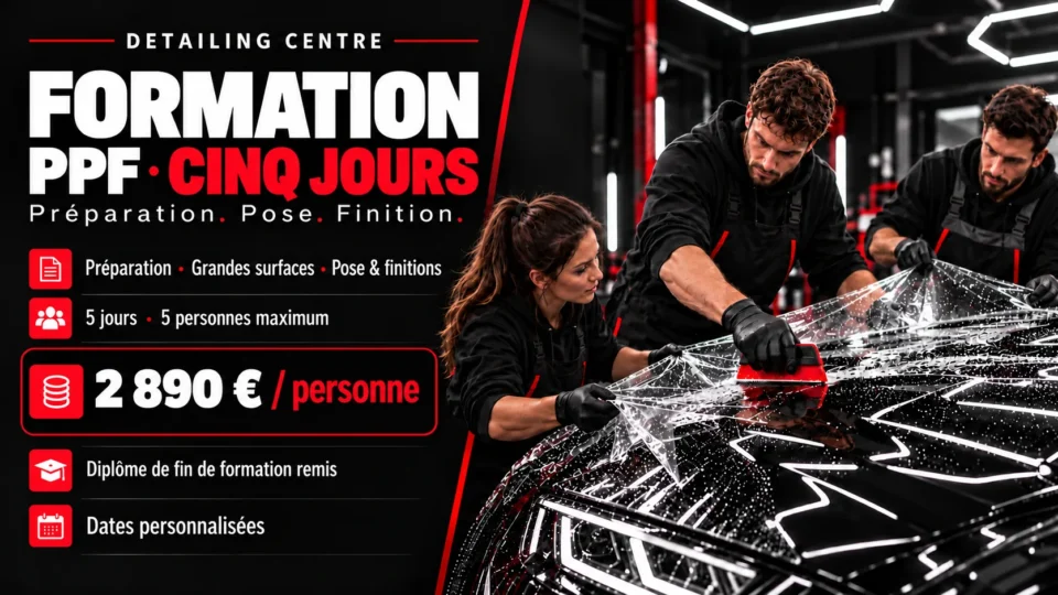 Illustration d’une formation de cinq jours à la pose PPF sur une grande surface de carrosserie